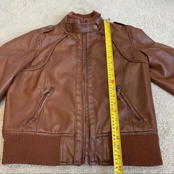 DOLLHOUSE Brown faux leather vegan high neck Moto jacket Sz L - Picture 9 of 11